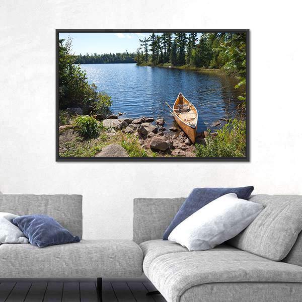 Yellow Canoe In Lake Canvas Wall Art-5 Horizontal-Gallery Wrap-22" x 12"-Tiaracle