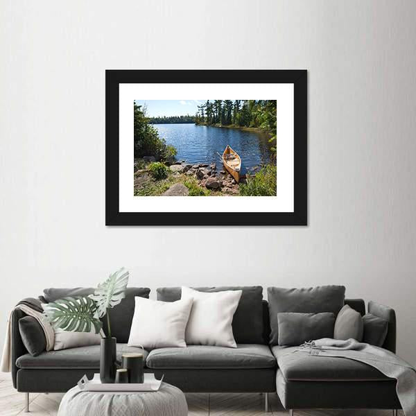 Yellow Canoe In Lake Canvas Wall Art-5 Horizontal-Gallery Wrap-22" x 12"-Tiaracle