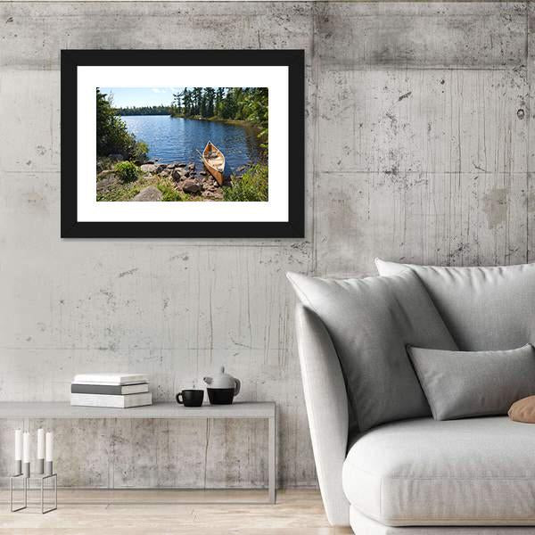 Yellow Canoe In Lake Canvas Wall Art-5 Horizontal-Gallery Wrap-22" x 12"-Tiaracle