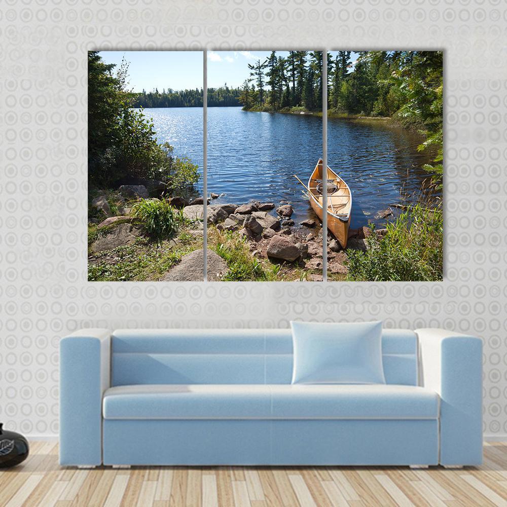 Yellow Canoe In Lake Canvas Wall Art-3 Horizontal-Gallery Wrap-37" x 24"-Tiaracle