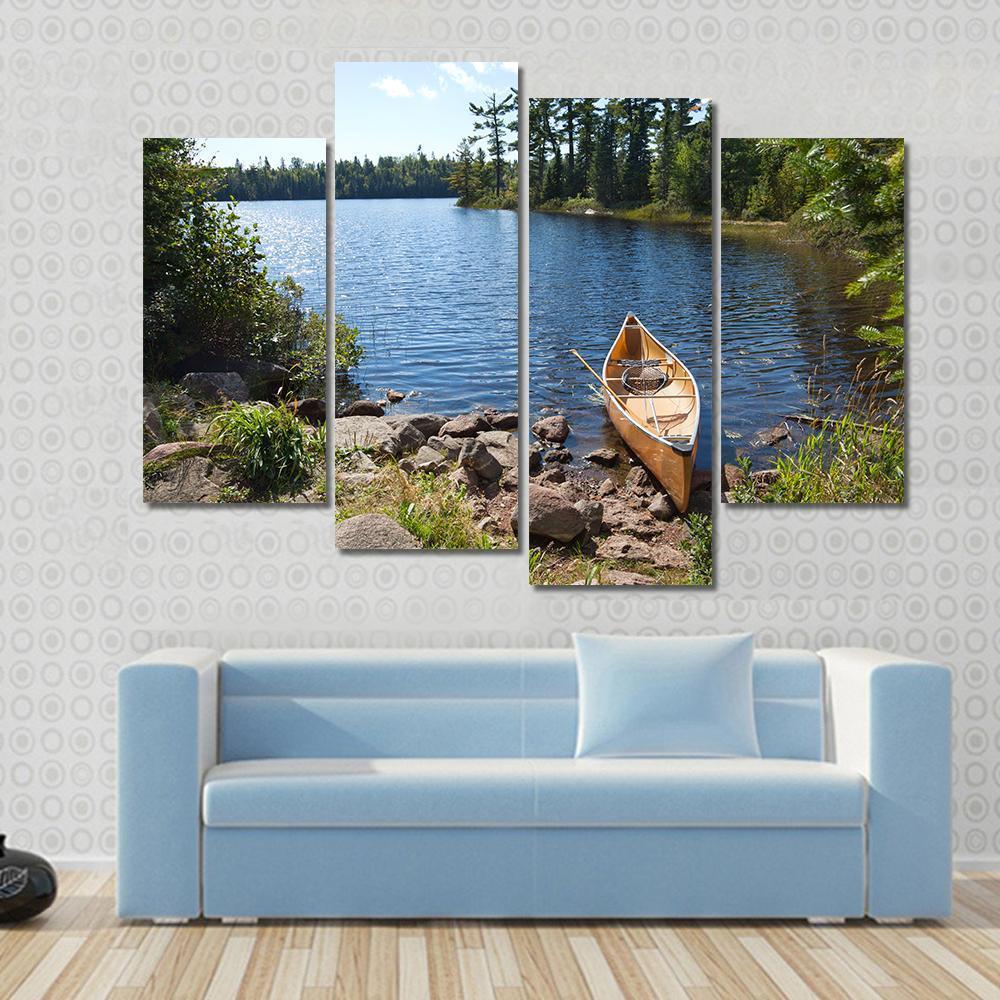 Yellow Canoe In Lake Canvas Wall Art-4 Pop-Gallery Wrap-50" x 32"-Tiaracle