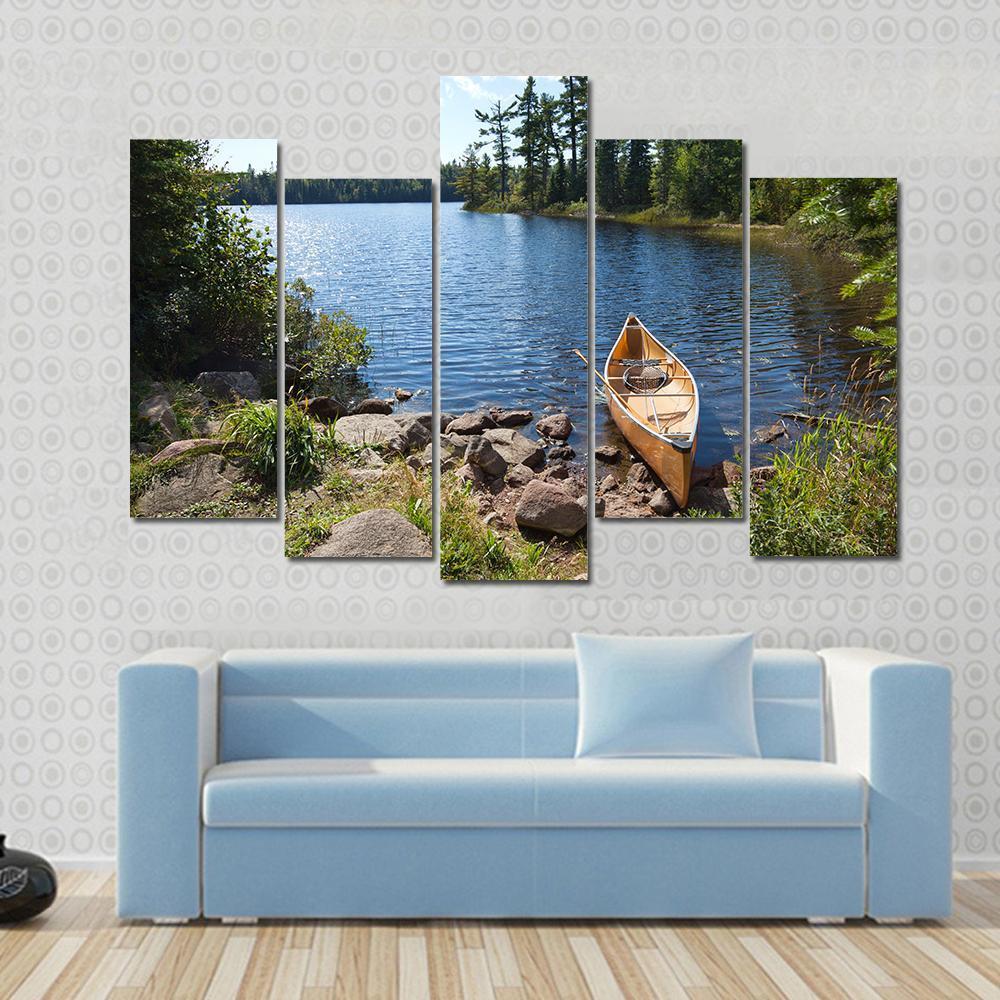 Yellow Canoe In Lake Canvas Wall Art-5 Pop-Gallery Wrap-47" x 32"-Tiaracle