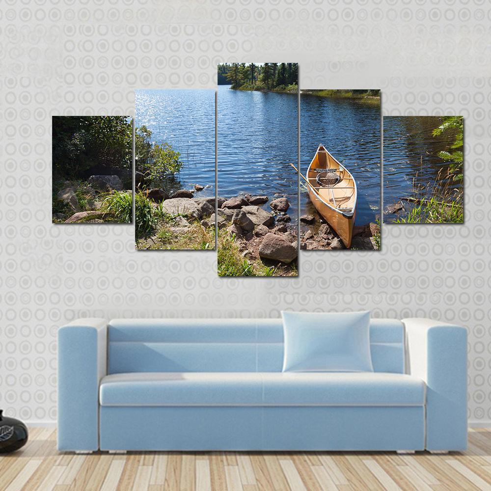 Yellow Canoe In Lake Canvas Wall Art-5 Star-Gallery Wrap-62" x 32"-Tiaracle