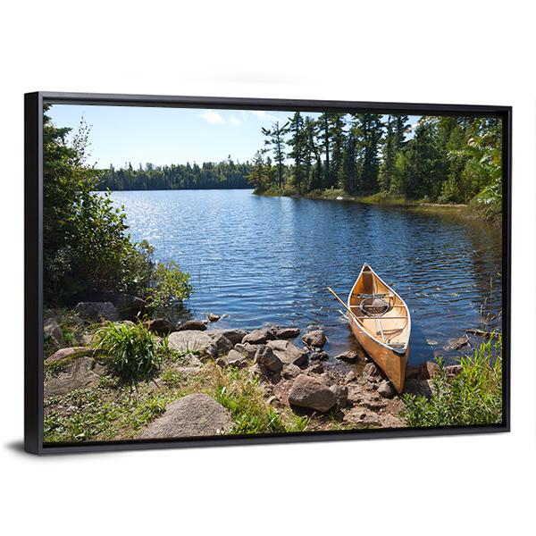 Yellow Canoe In Lake Canvas Wall Art-3 Horizontal-Gallery Wrap-25" x 16"-Tiaracle