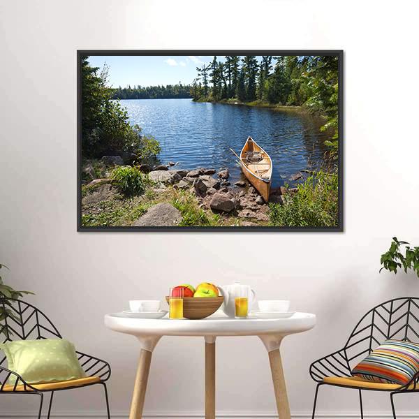 Yellow Canoe In Lake Canvas Wall Art-3 Horizontal-Gallery Wrap-25" x 16"-Tiaracle