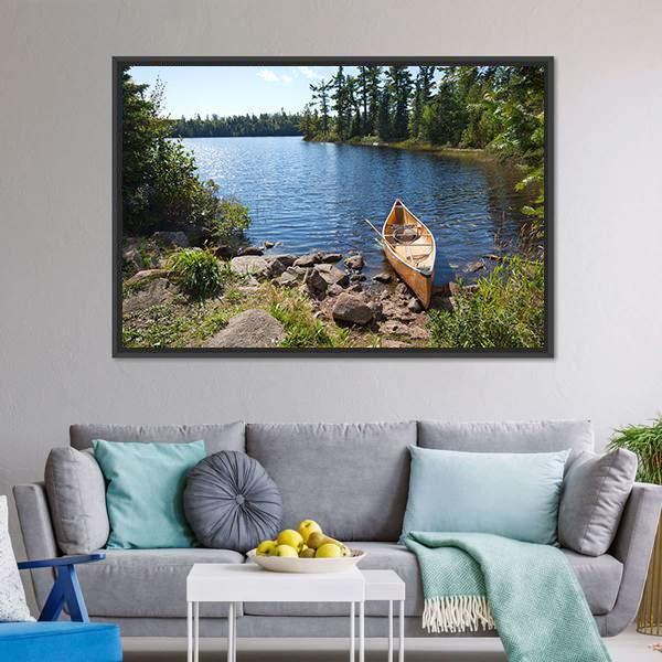 Yellow Canoe In Lake Canvas Wall Art-3 Horizontal-Gallery Wrap-25" x 16"-Tiaracle