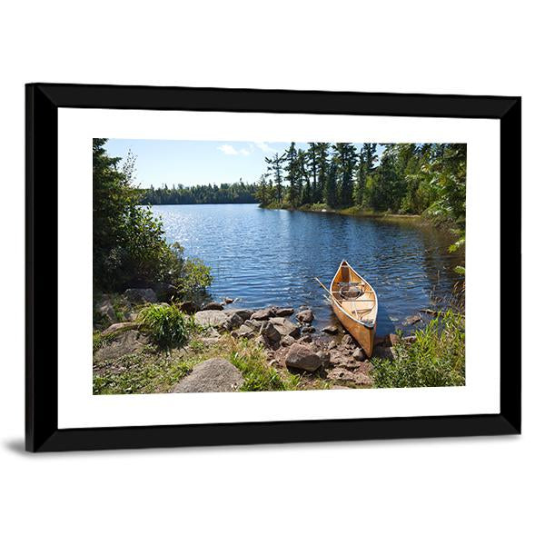 Yellow Canoe In Lake Canvas Wall Art-3 Horizontal-Gallery Wrap-25" x 16"-Tiaracle