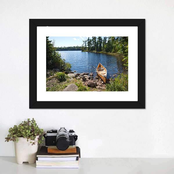 Yellow Canoe In Lake Canvas Wall Art-1 Piece-Framed Print-20" x 16"-Tiaracle
