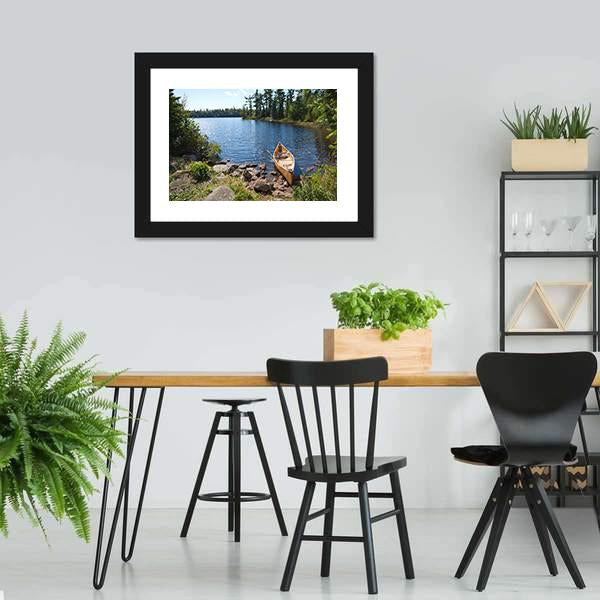Yellow Canoe In Lake Canvas Wall Art-3 Horizontal-Gallery Wrap-25" x 16"-Tiaracle