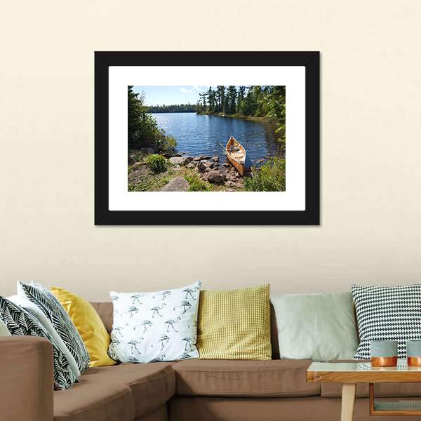Yellow Canoe In Lake Canvas Wall Art-3 Horizontal-Gallery Wrap-25" x 16"-Tiaracle