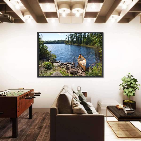 Yellow Canoe In Lake Panoramic Canvas Wall Art-1 Piece-36" x 12"-Tiaracle