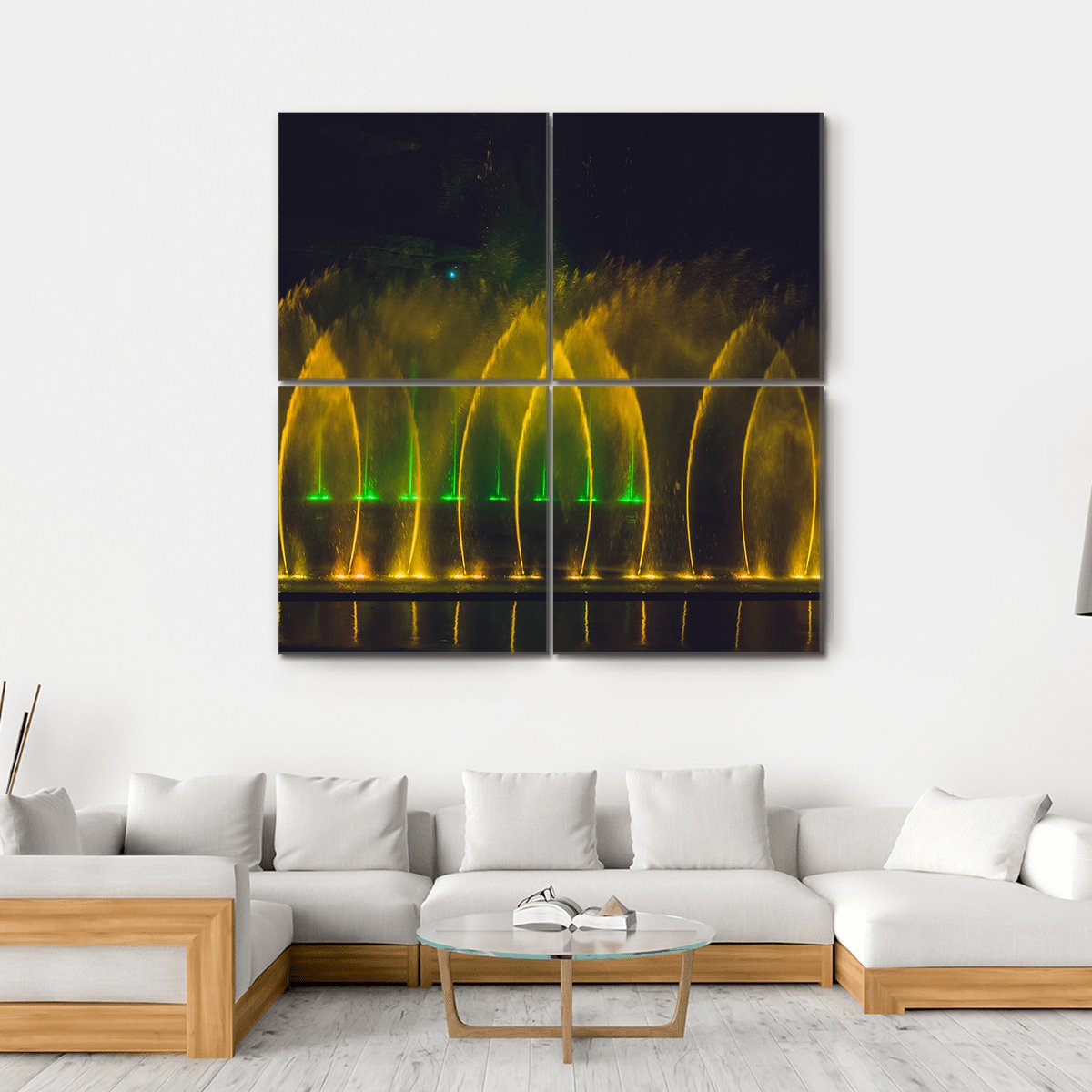 Yellow Dancing Fountain Canvas Wall Art-4 Square-Gallery Wrap-17" x 17"-Tiaracle