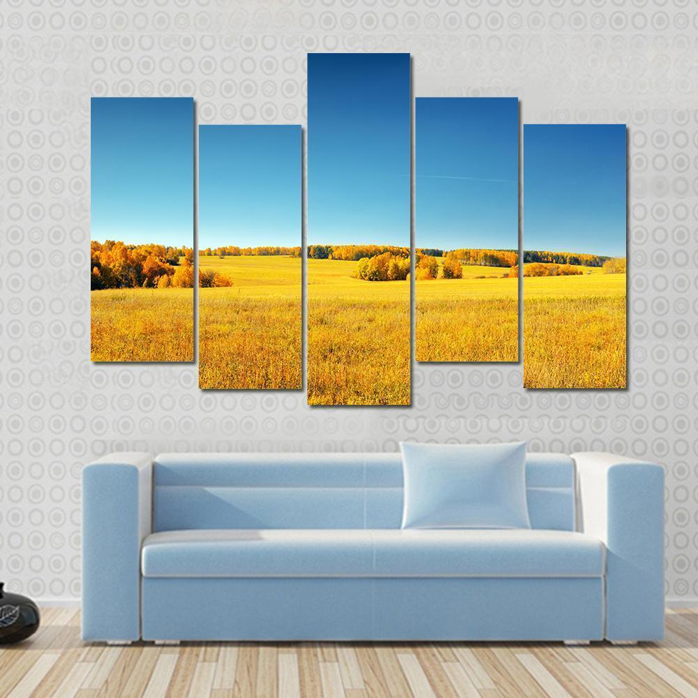Yellow Field And Blue Sky Canvas Wall Art-5 Pop-Gallery Wrap-47" x 32"-Tiaracle