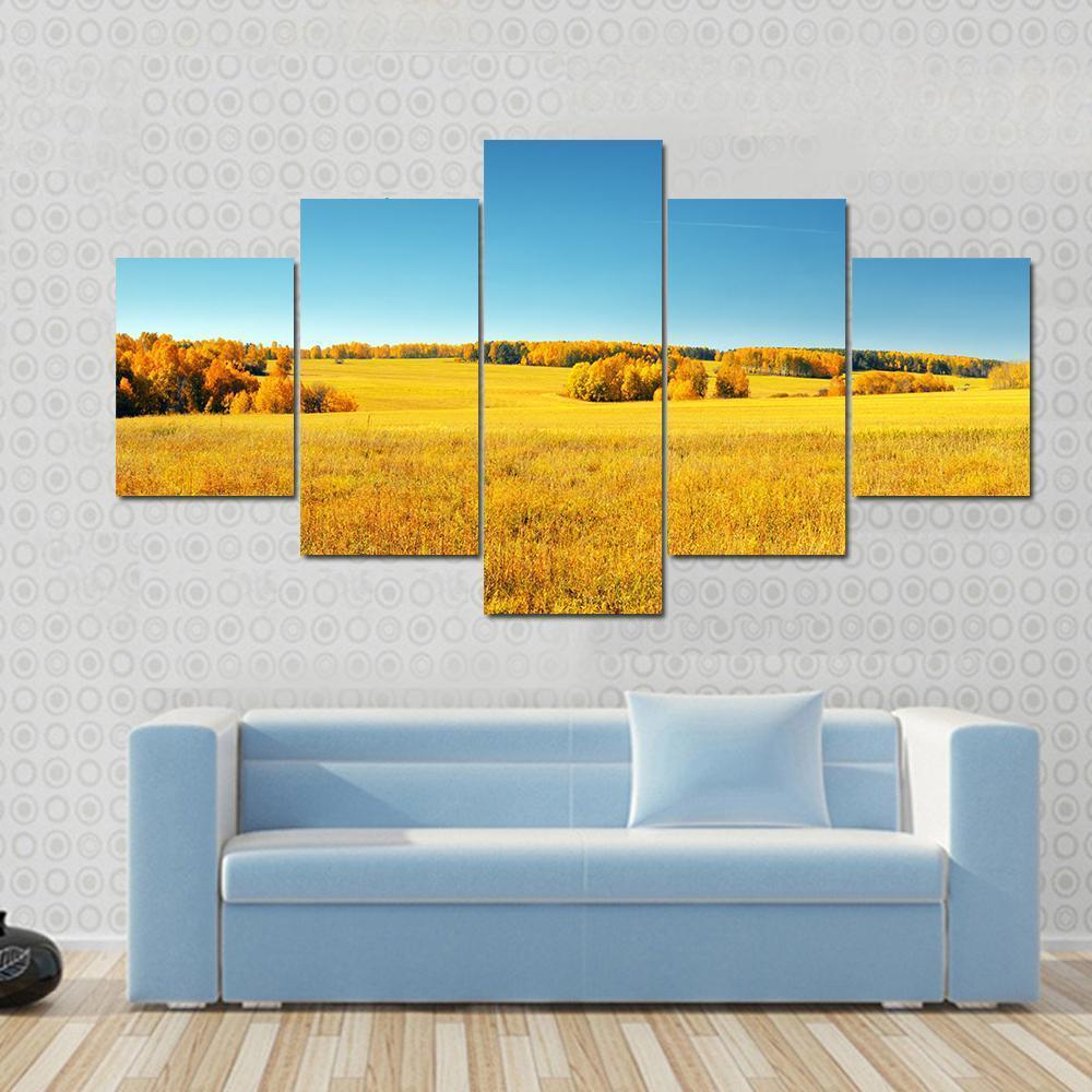 Yellow Field And Blue Sky Canvas Wall Art-5 Star-Gallery Wrap-62" x 32"-Tiaracle