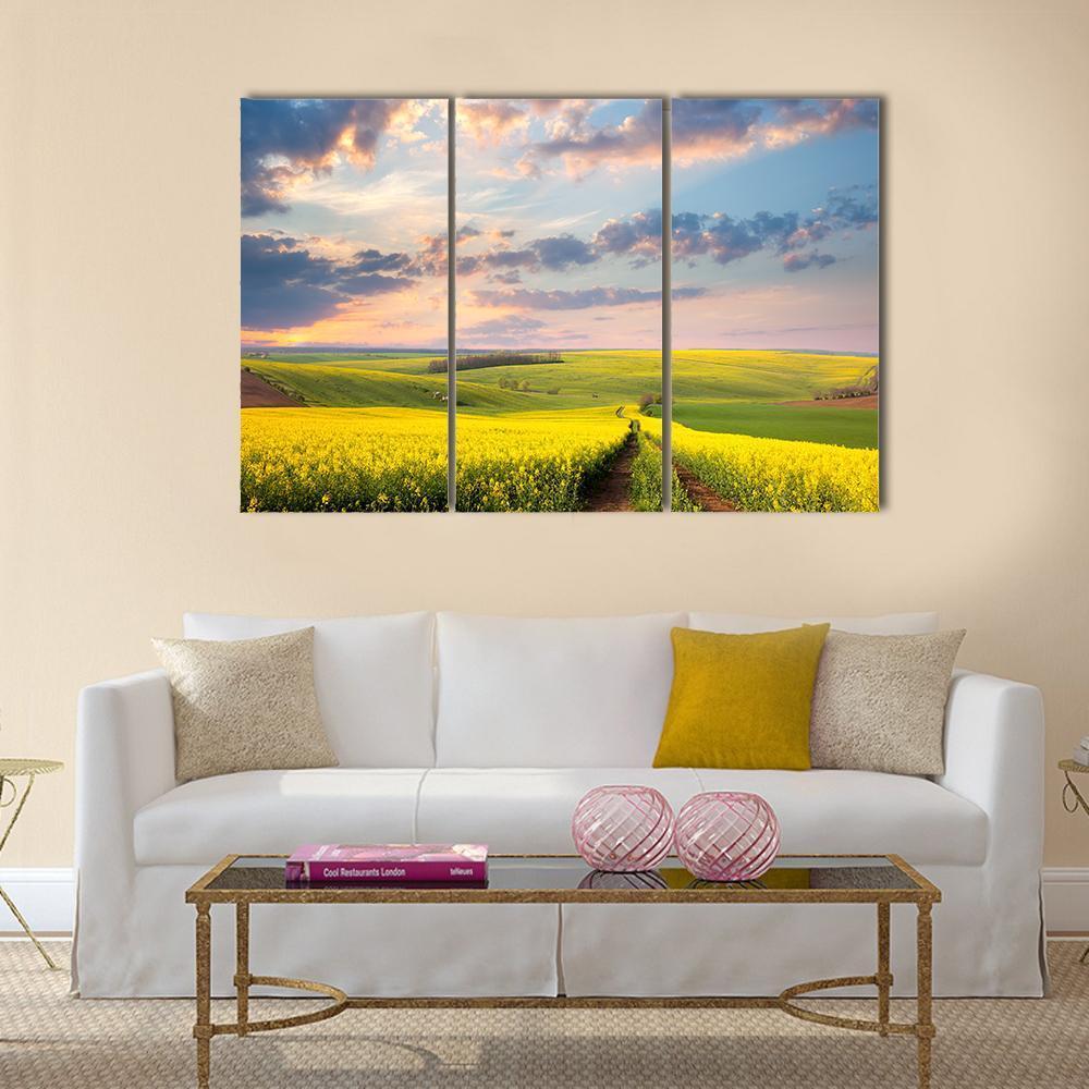 Field of Yellow Flowers with Winding Path Canvas Wall Art in yellow, green and blue, single panel hung on a wall