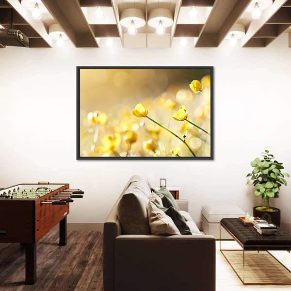 Yellow Flowers Of A Buttercup On A Meadow Lit With The Sun Canvas Wall Art-3 Horizontal-Gallery Wrap-25" x 16"-Tiaracle