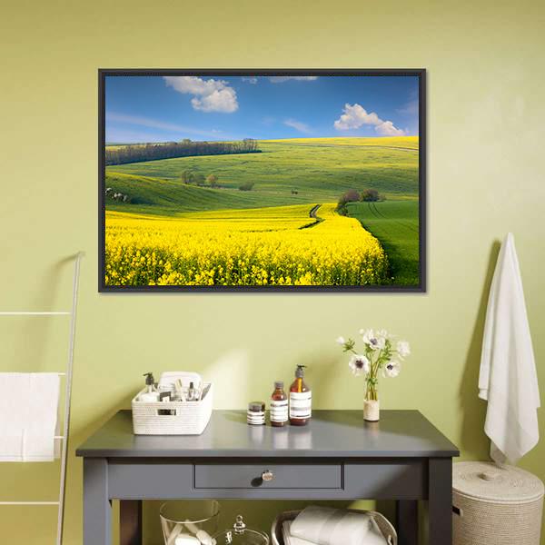 Yellow Flowers On Hill Canvas Wall Art-1 Piece-Floating Frame-24" x 16"-Tiaracle