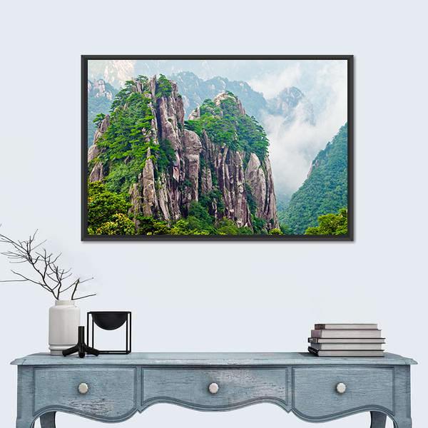 Yellow Huangshan Mountains in China Canvas Wall Art in gray and green, framed canvas, product view on a white background
