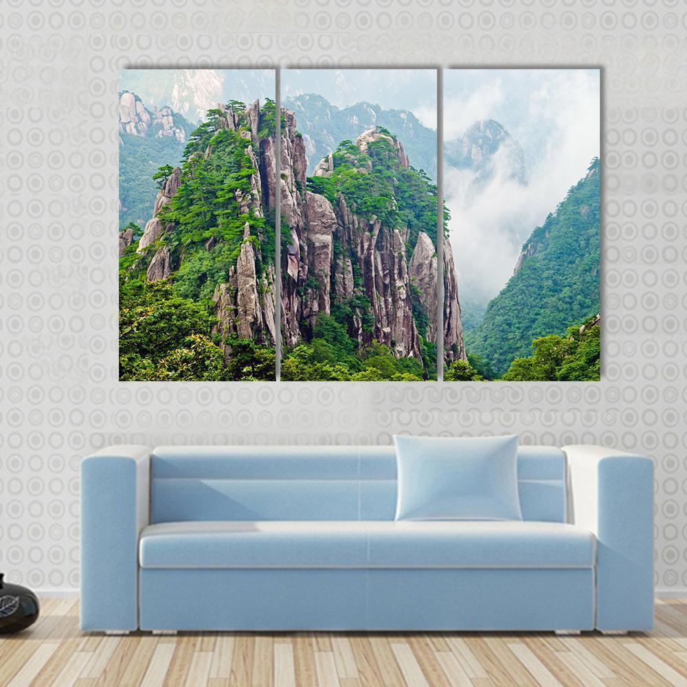 Yellow Huangshan Mountains In China Canvas Wall Art-3 Horizontal-Gallery Wrap-37" x 24"-Tiaracle