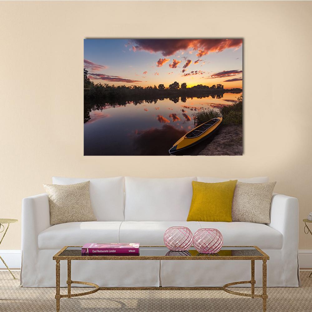 Yellow Kayak On Riverside Canvas Wall Art-4 Horizontal-Gallery Wrap-34" x 24"-Tiaracle