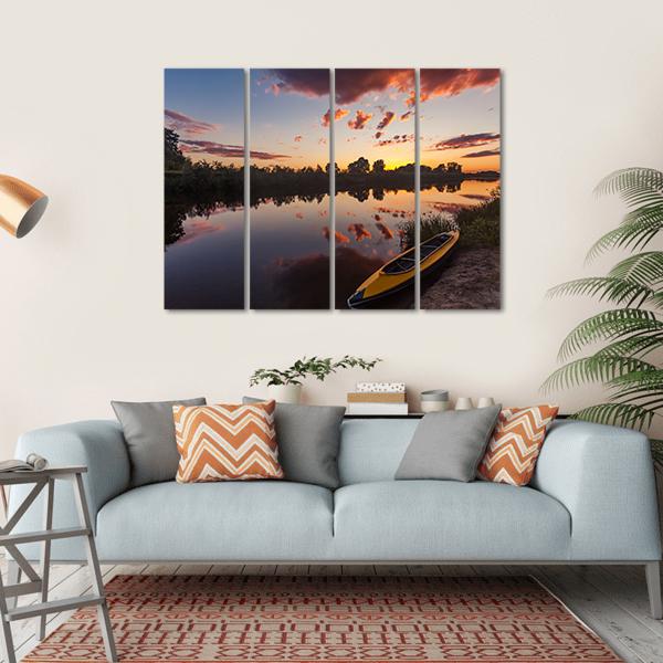 Yellow Kayak On Riverside Canvas Wall Art-4 Horizontal-Gallery Wrap-34&quot; x 24&quot;-Tiaracle