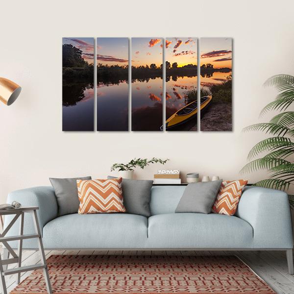 Yellow Kayak On Riverside Canvas Wall Art-5 Horizontal-Gallery Wrap-22&quot; x 12&quot;-Tiaracle