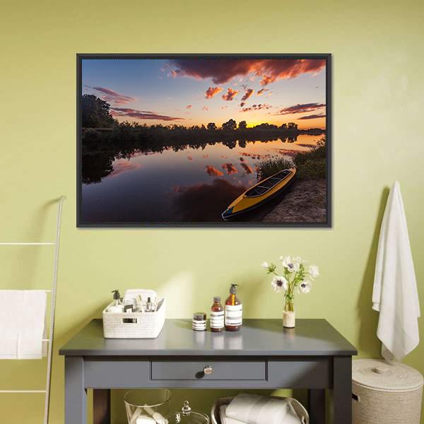 Yellow Kayak On Riverside Canvas Wall Art-5 Horizontal-Gallery Wrap-22" x 12"-Tiaracle