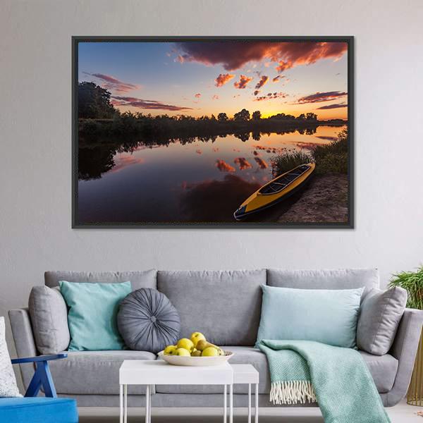 Yellow Kayak On Riverside Canvas Wall Art-5 Horizontal-Gallery Wrap-22" x 12"-Tiaracle