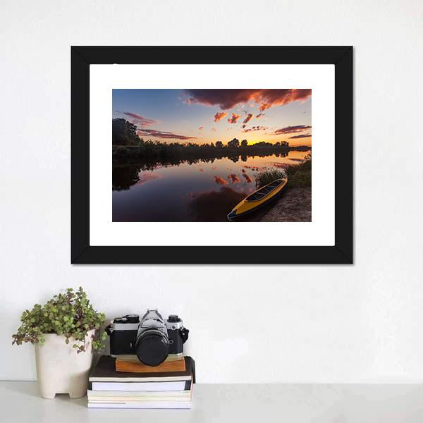 Yellow Kayak On Riverside Canvas Wall Art-5 Horizontal-Gallery Wrap-22" x 12"-Tiaracle