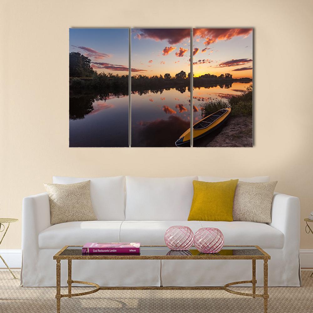Yellow Kayak On Riverside Canvas Wall Art-3 Horizontal-Gallery Wrap-37" x 24"-Tiaracle