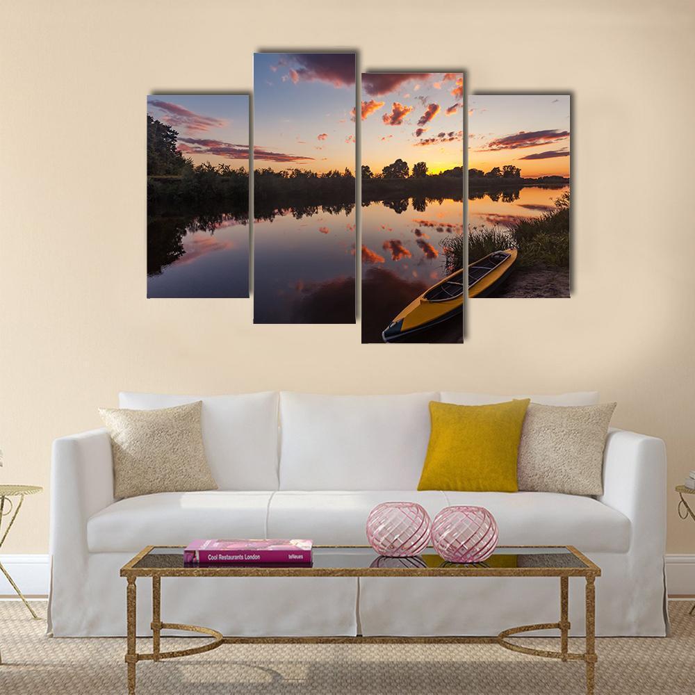 Yellow Kayak On Riverside Canvas Wall Art-4 Pop-Gallery Wrap-50" x 32"-Tiaracle