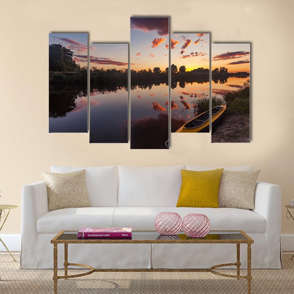 Yellow Kayak On Riverside Canvas Wall Art-5 Pop-Gallery Wrap-47" x 32"-Tiaracle