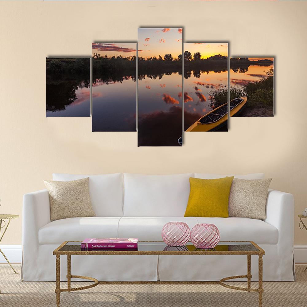 Yellow Kayak On Riverside Canvas Wall Art-5 Star-Gallery Wrap-62" x 32"-Tiaracle