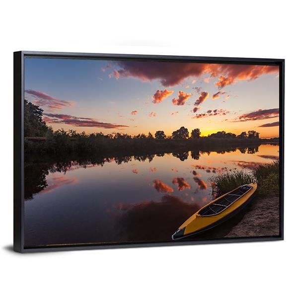 Yellow Kayak On Riverside Canvas Wall Art-3 Horizontal-Gallery Wrap-25" x 16"-Tiaracle