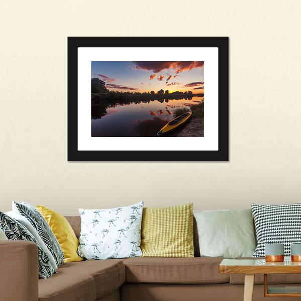 Yellow Kayak On Riverside Canvas Wall Art-1 Piece-Framed Print-20" x 16"-Tiaracle