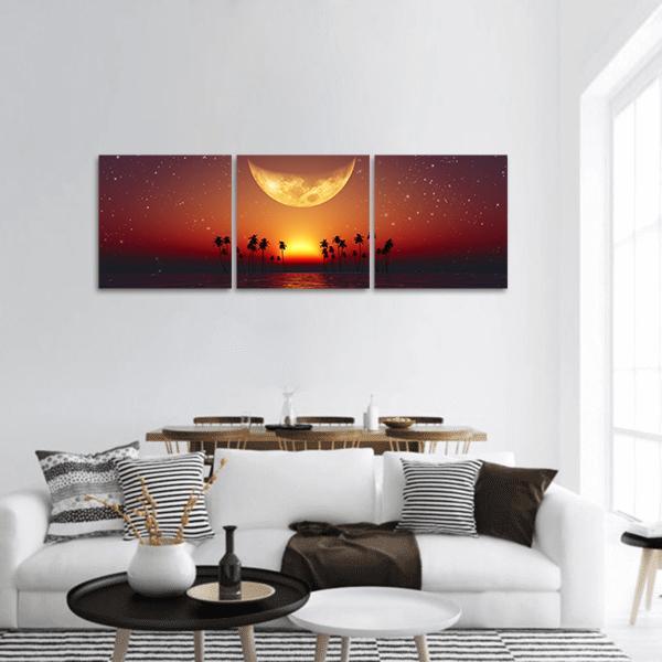 Yellow Moon Over Red Sunset At Tropical Sea Panoramic Canvas Wall Art-3 Piece-25" x 08"-Tiaracle