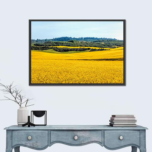 Yellow Mustard Fields Canvas Wall Art in yellow, green and blue, framed canvas, product view on a white background