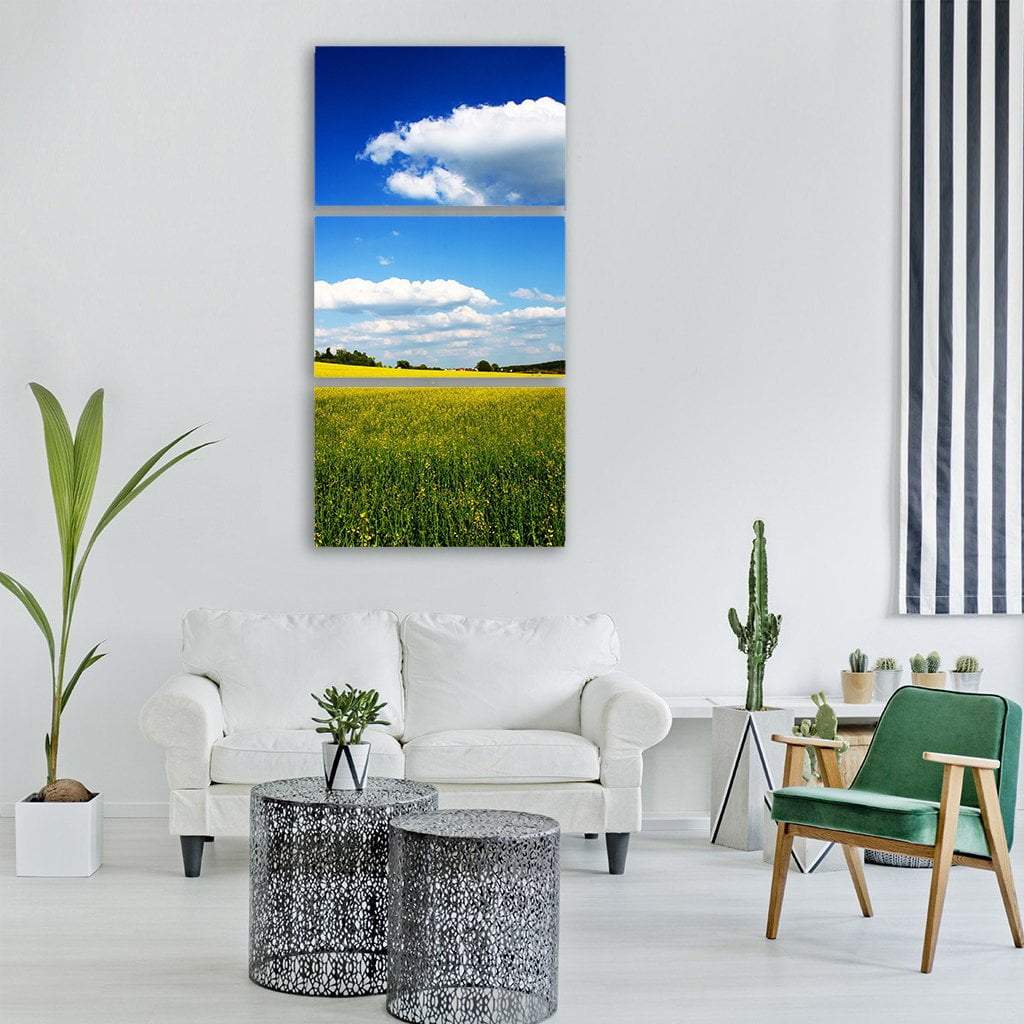 Yellow Oil Seed Spring Fields Vertical Canvas Wall Art-3 Vertical-Gallery Wrap-12" x 25"-Tiaracle