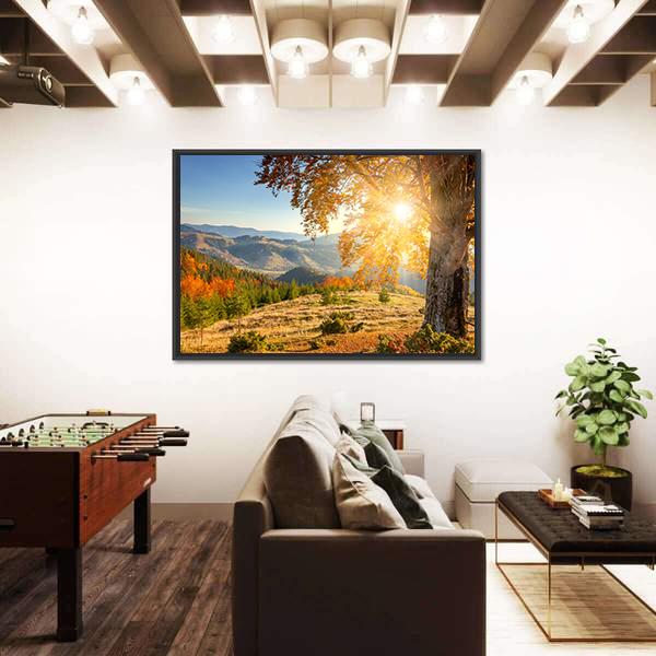 Yellow Old Tree In Autumn Against The Sun Canvas Wall Art-3 Horizontal-Gallery Wrap-25" x 16"-Tiaracle