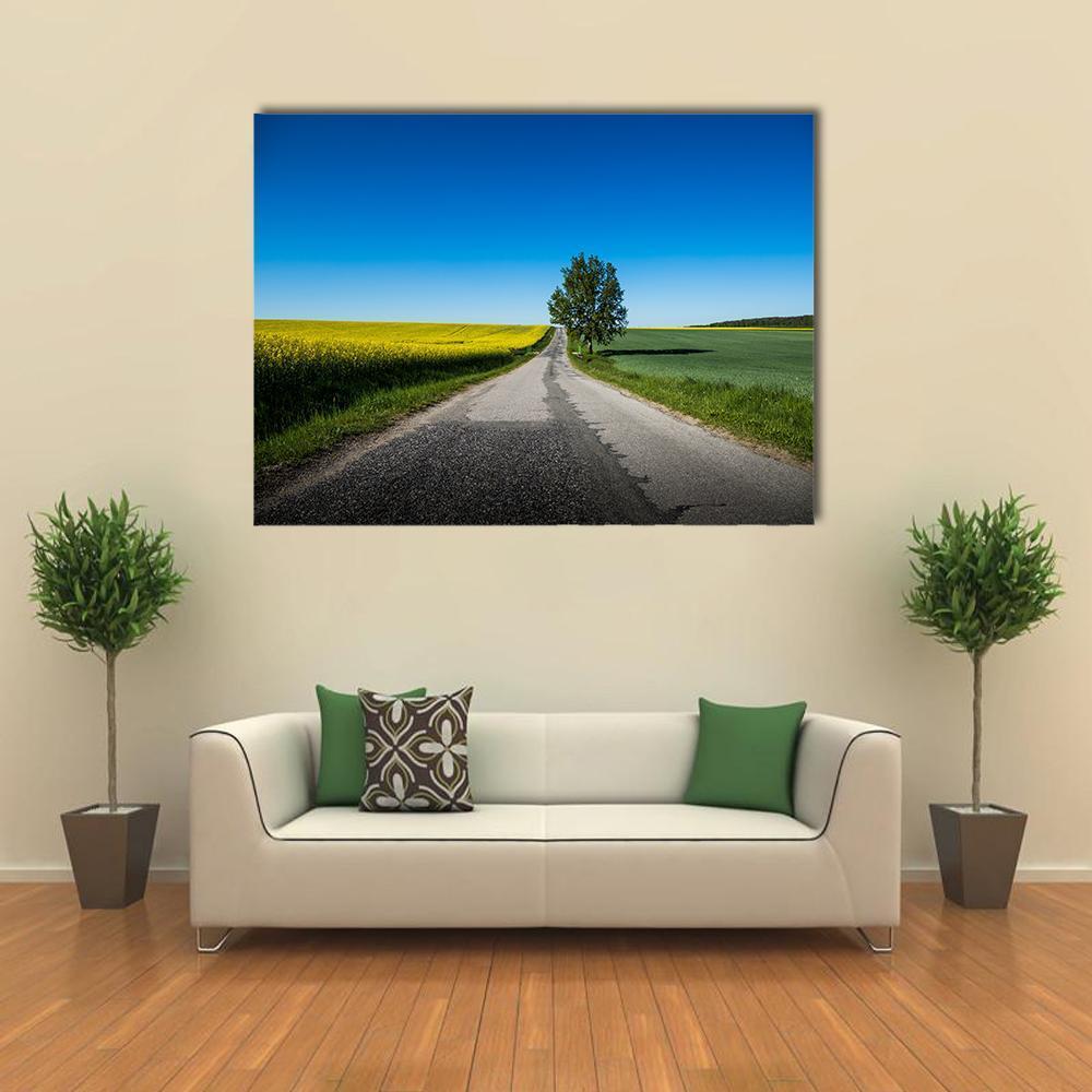 Yellow Rapeseed Field Canvas Wall Art in yellow, green and blue, single panel hung on a wall