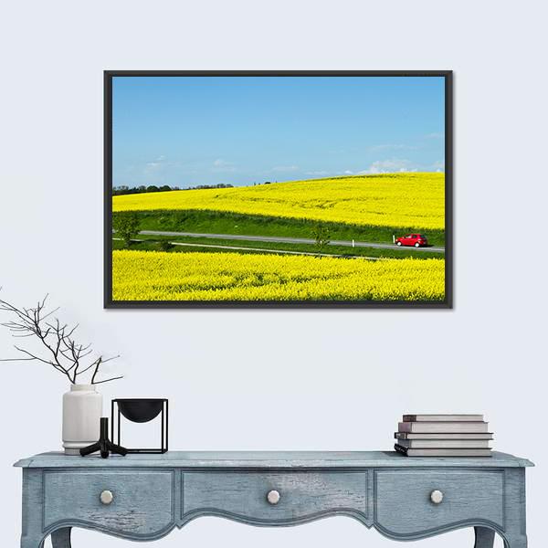 Yellow Rapse Field In Spring Canvas Wall Art-1 Piece-Floating Frame-24" x 16"-Tiaracle