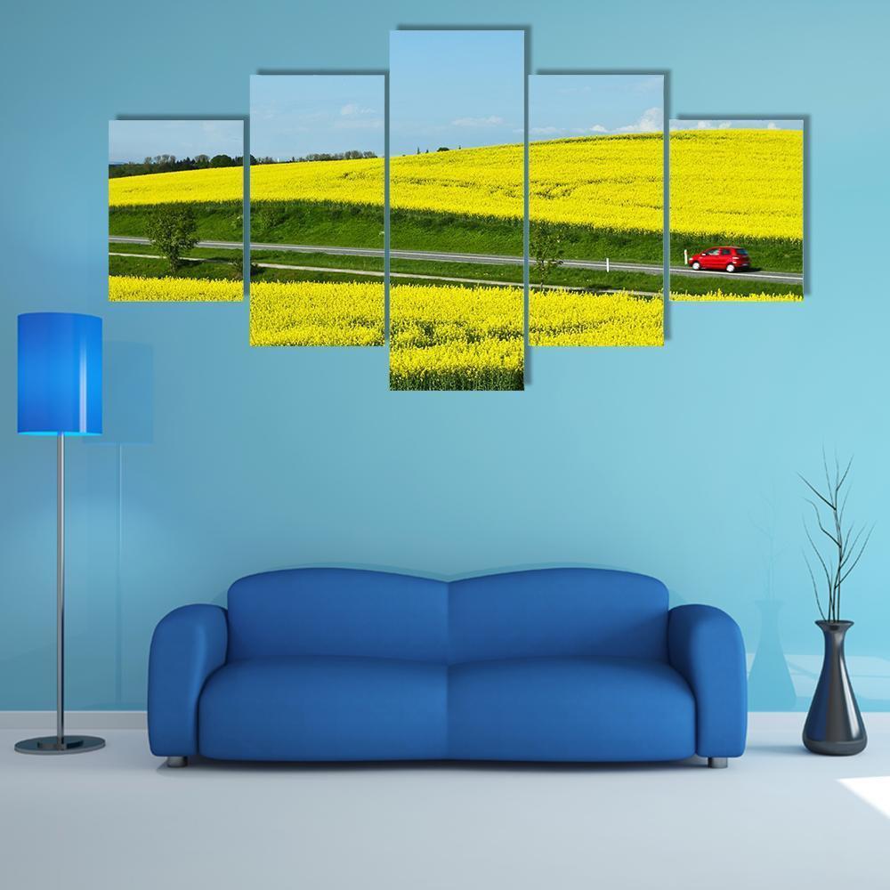 Yellow Rapse Field In Spring Canvas Wall Art-5 Star-Gallery Wrap-62" x 32"-Tiaracle