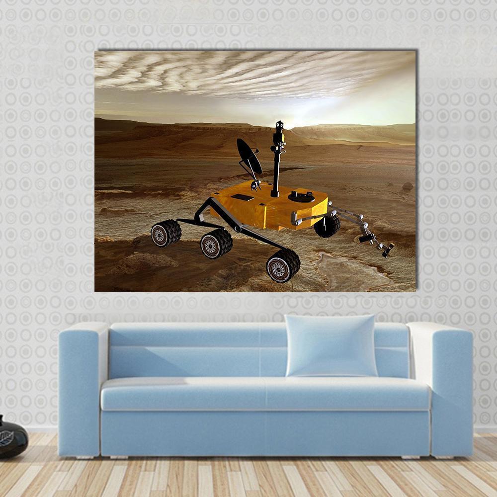 Yellow Rover on Mars Canvas Wall Art in beige, brown and yellow, single panel hung on a wall
