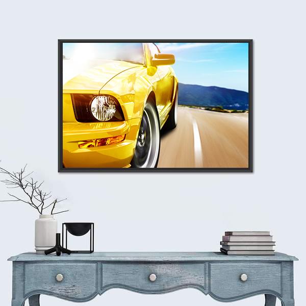 Yellow Sport Car On A Narrow Road Canvas Wall Art-1 Piece-Floating Frame-24" x 16"-Tiaracle