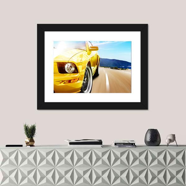 Yellow Sport Car On A Narrow Road Canvas Wall Art-1 Piece-Framed Print-20" x 16"-Tiaracle