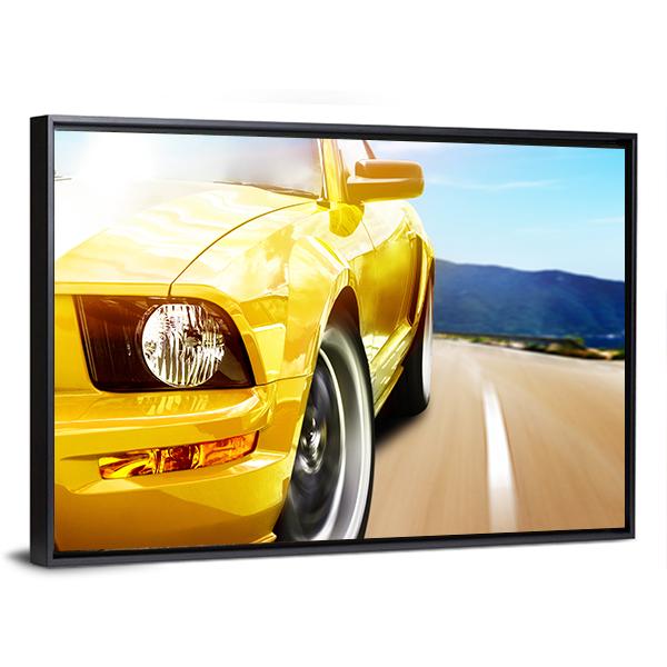 Yellow Sport Car On A Narrow Road Canvas Wall Art-3 Horizontal-Gallery Wrap-25" x 16"-Tiaracle