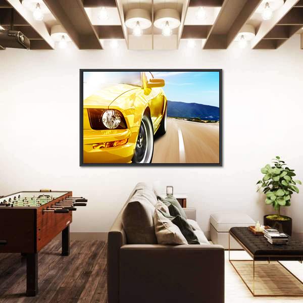 Yellow Sport Car On A Narrow Road Canvas Wall Art-3 Horizontal-Gallery Wrap-25" x 16"-Tiaracle