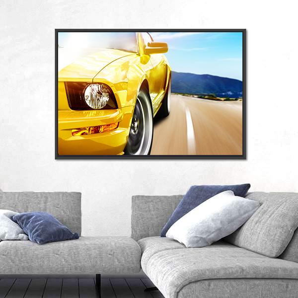 Yellow Sport Car On A Narrow Road Canvas Wall Art-3 Horizontal-Gallery Wrap-25" x 16"-Tiaracle