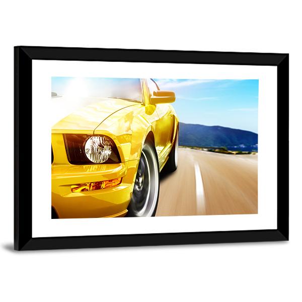 Yellow Sport Car On A Narrow Road Canvas Wall Art-3 Horizontal-Gallery Wrap-25" x 16"-Tiaracle