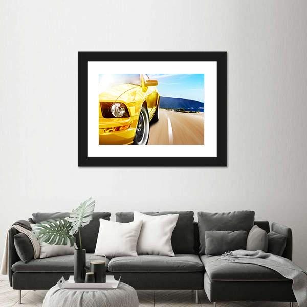 Yellow Sport Car On A Narrow Road Canvas Wall Art-3 Horizontal-Gallery Wrap-25" x 16"-Tiaracle